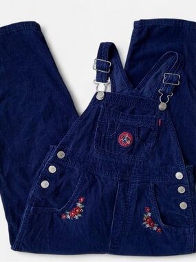 Vintage kids navy blue floral corduroy overalls